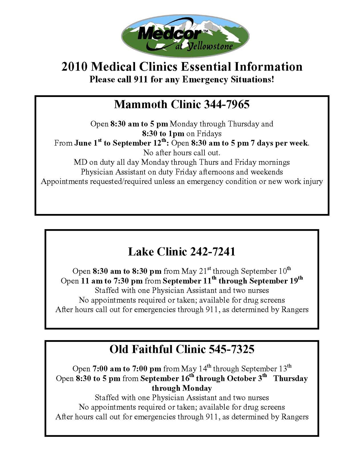 Yellowstone National Park 2010 Clinic Opening and Hours