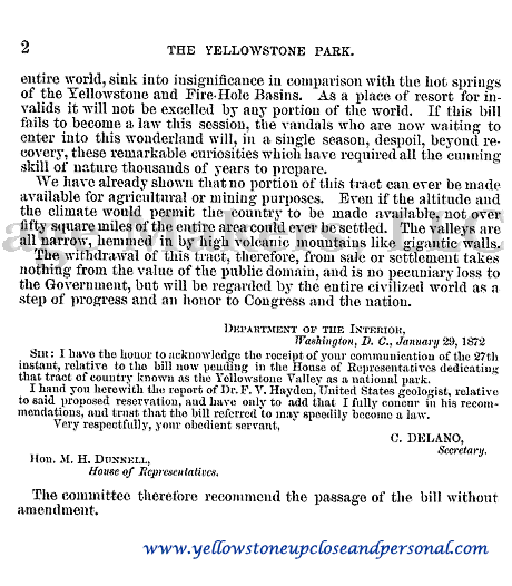 Yellowstone Congressional History - Public Lands Report to Accompany Bill H. R. 764 - February 27, 1872 - Page Two