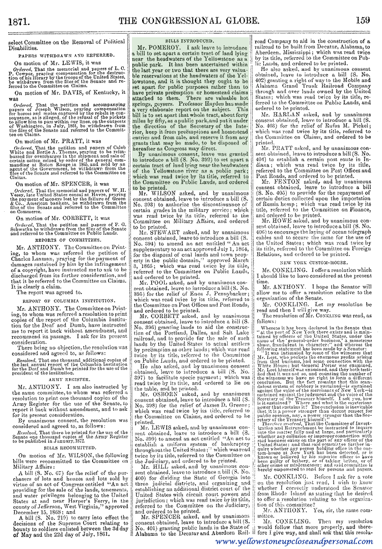 Yellowstone National Park Congressional History - Mr. Pomeroy introduces Senate Bill S. No. 392 to Establish Yellowstone National Park - December 18, 1871