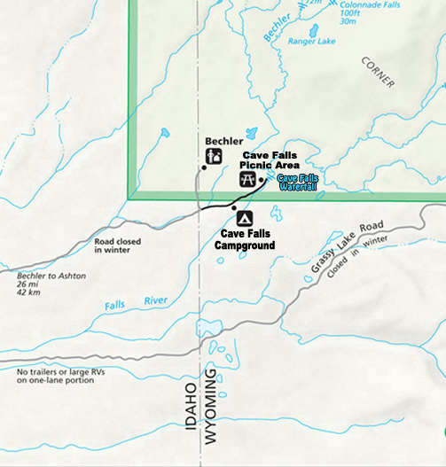 Bechler, Cave Falls Campground and Picnic Map ~ the Bechler Region - Southwest Corner of Yellowstone National Park
