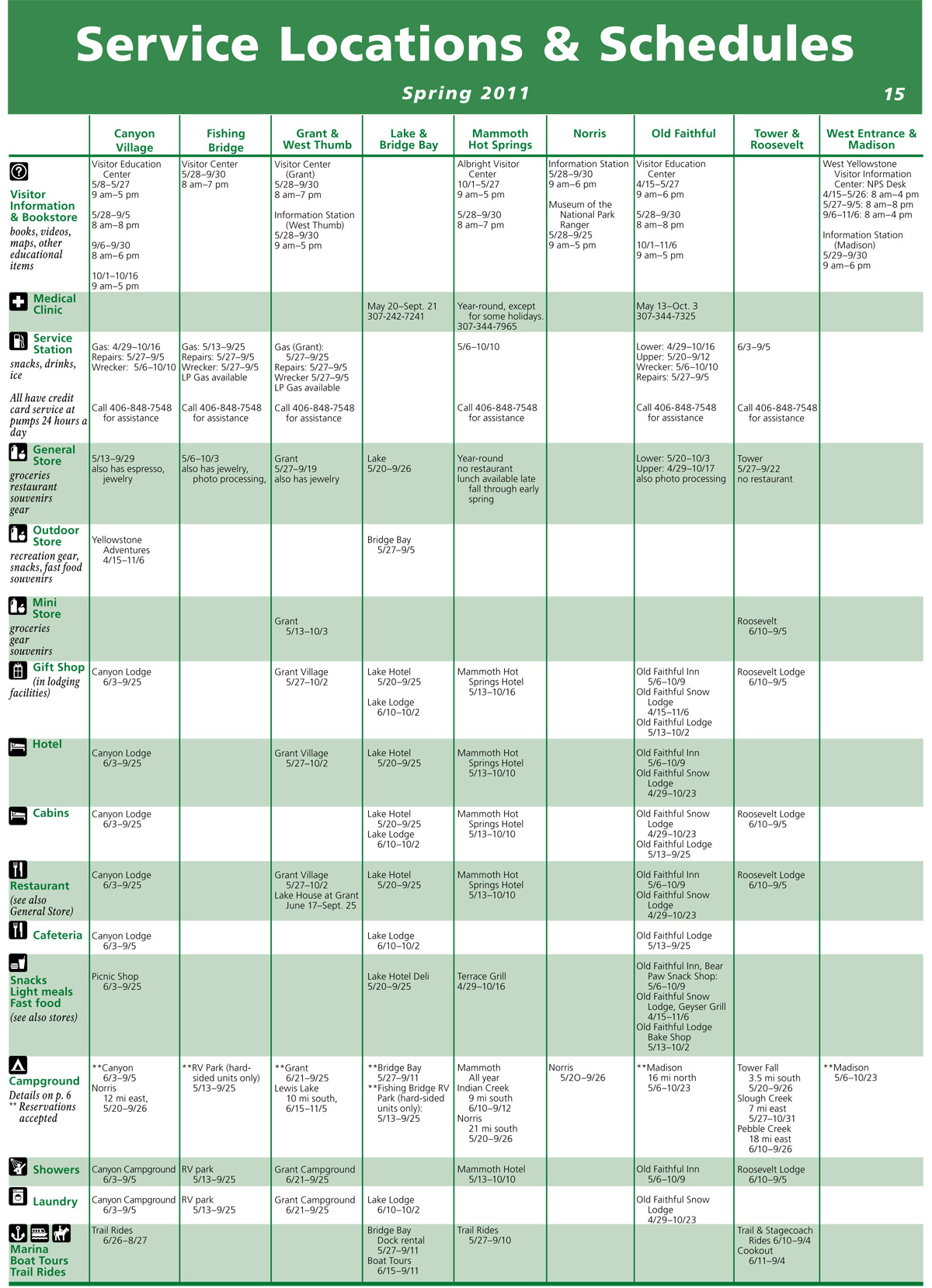 Services Schedule for 2011 for Yellowstone National Park