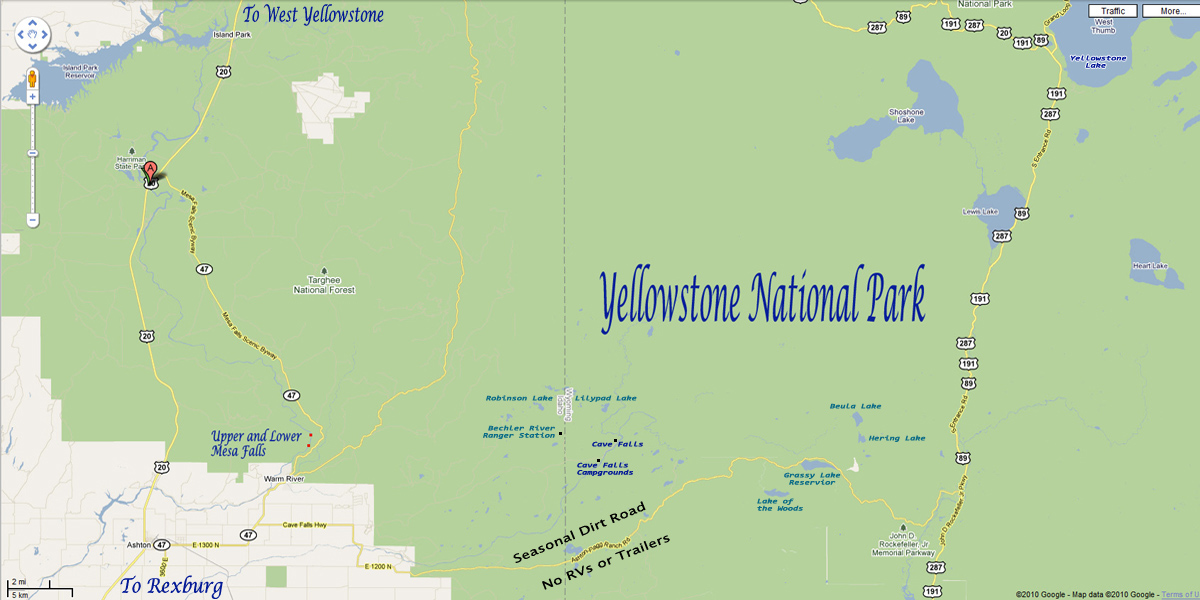 Mesa Falls Area Map of Idaho and Wyoming and Yellowstone National Park © Google