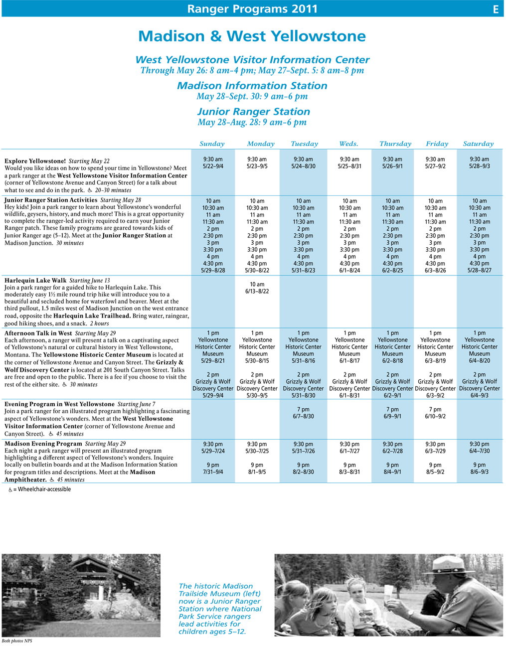 Madison and West Yellowstone Spring and Summer Ranger Led Activities
