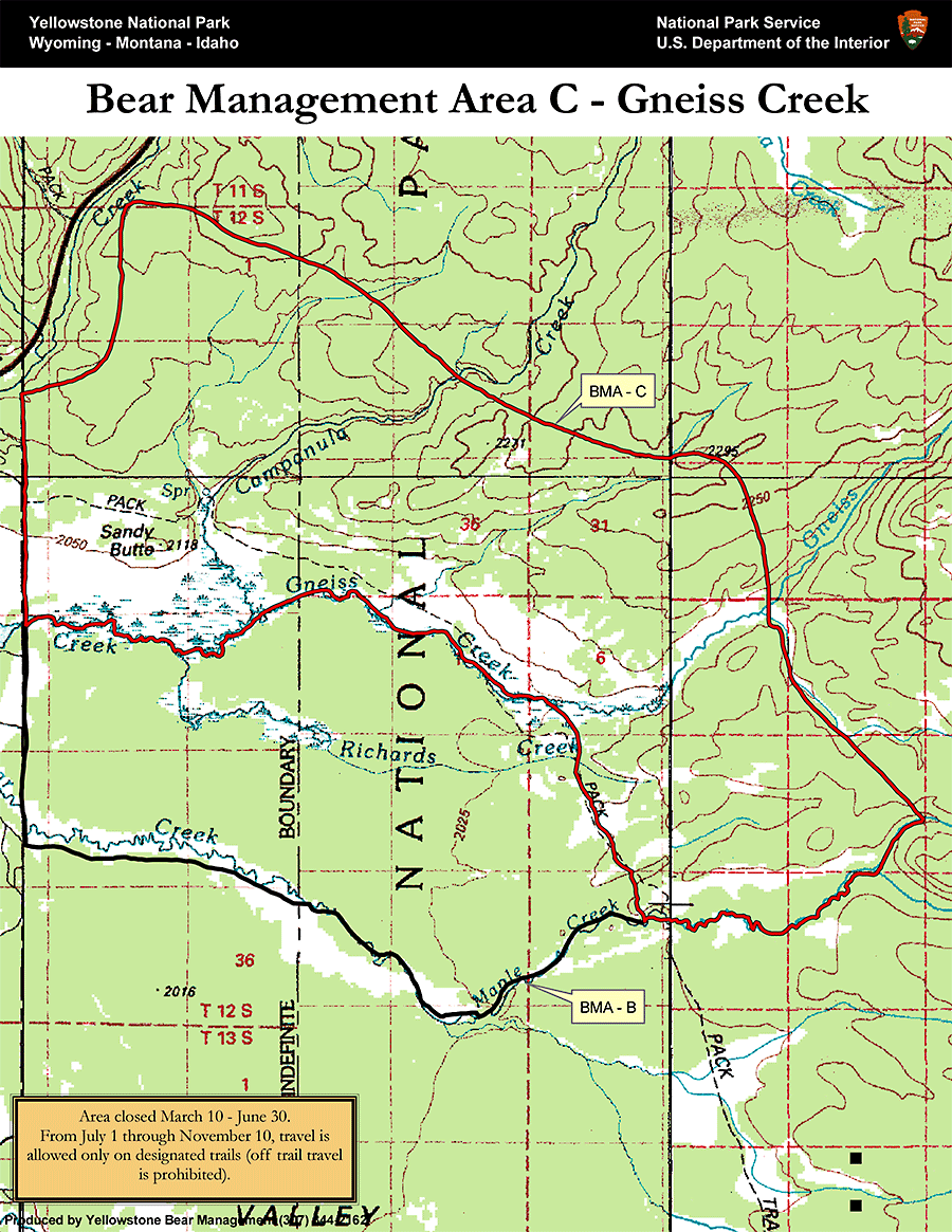 Bear Management Area C Gneiss Creek Map Yellowstone National Park - NPS Image