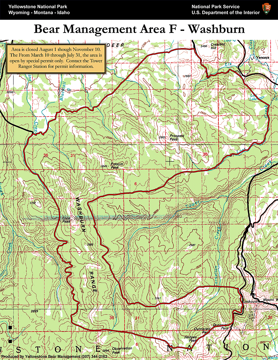 Bear Management Area F Washburn Map Yellowstone National Park - NPS Image