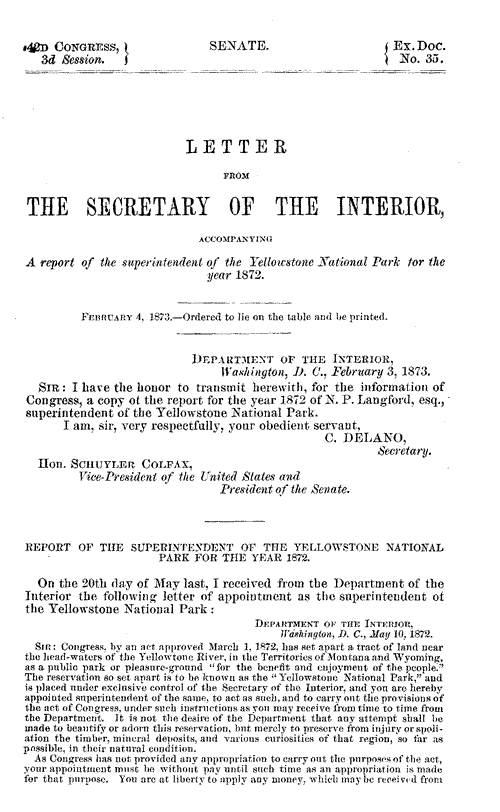 Superintendent Nathaniel Pitt Langford's 1872 Report - Introductory Letter Page One - February 4, 1873
