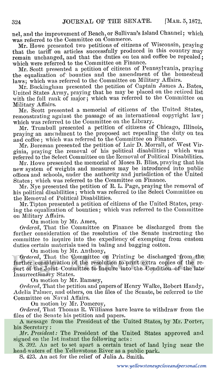 Yellowstone Congressional History - The President Approved and Signed Senate Bill S.392 - March 01, 1872