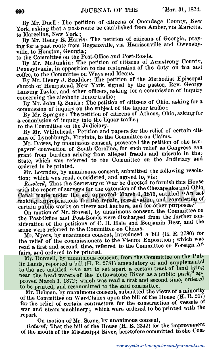 Yellowstone Congressional History - House Bill H. R. 2781 to Amend and Supplement the Act establishing Yellowstone - March 31, 1874