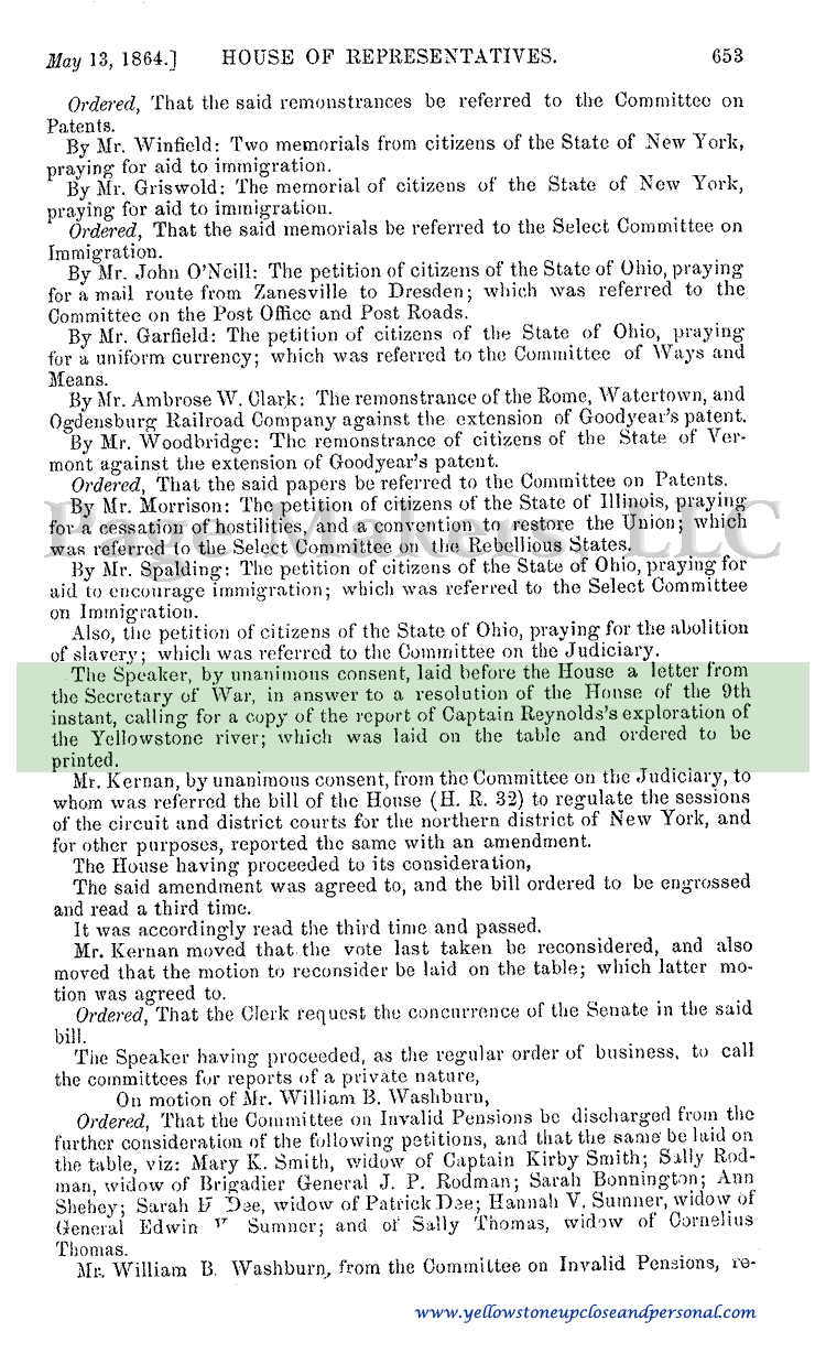 Yellowstone Congressional History - Printing of Captain Reynolds' Exploration of the Yellowstone River - May 13, 1864