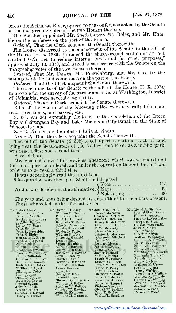 Yellowstone Congressional History - Senate Bill S. 392 Read, Debated, Voted on and Passed - February 27, 1872 - Page One