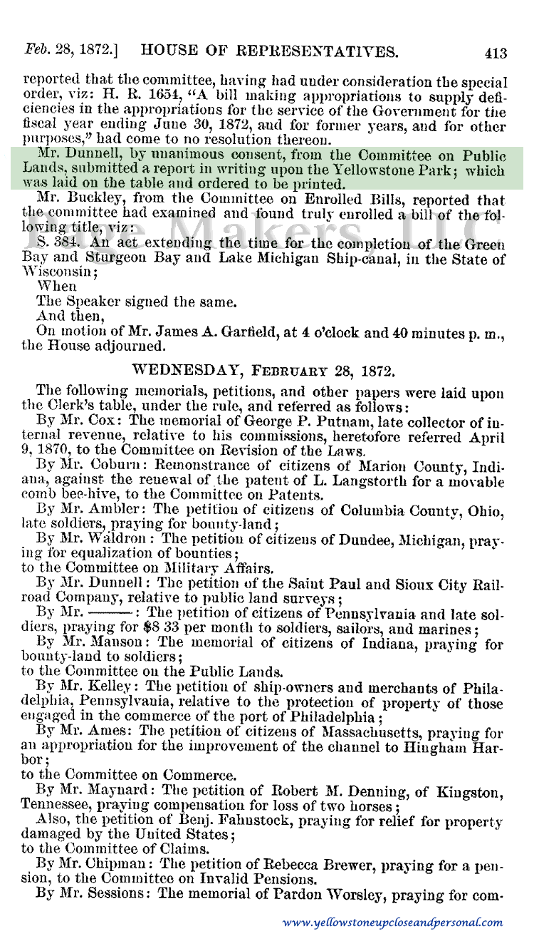 Yellowstone Congressional History - Public Lands Report Submitted on Senate Bill S. 392 - February 27, 1872