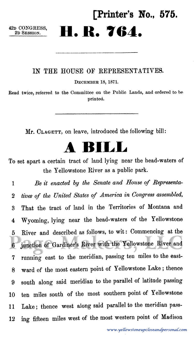 Yellowstone National Park Congressional History - Bill H. R. 764 to Establish Yellowstone National Park - December 18, 1871 - Page One