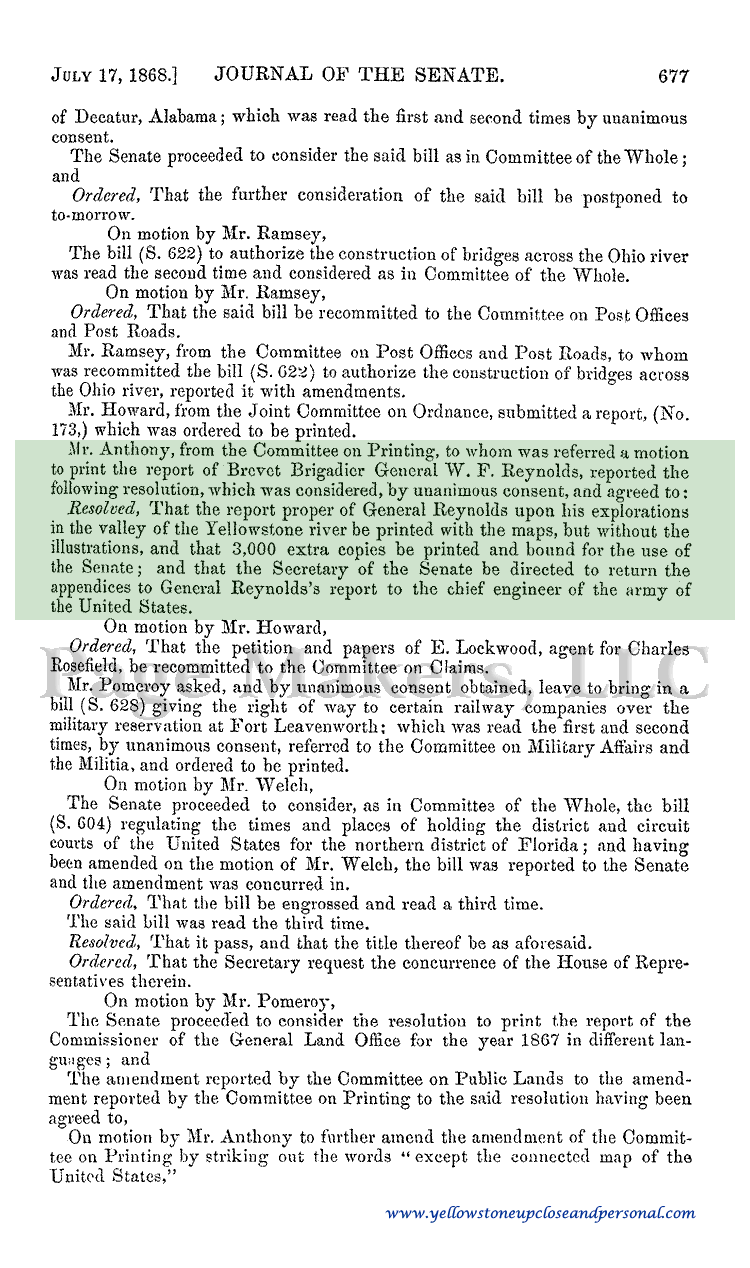 Yellowstone Congressional History - Printing of General Reynolds' Exploration of the Yellowstone River - July 17, 1868