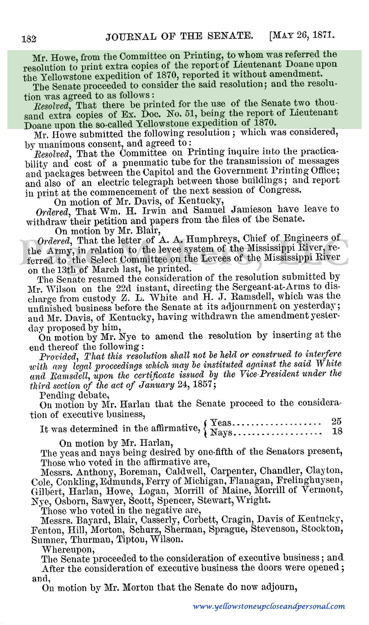 Yellowstone Congressional History - Extra Printing of Lt Doane's 1870 Expedition Report - May 26, 1871