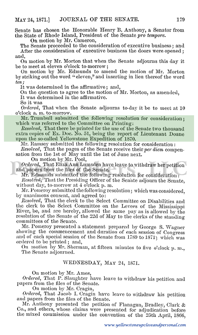 Yellowstone Congressional History - Extra Printing of Lt Doane's 1870 Expedition Report - May 23, 1871