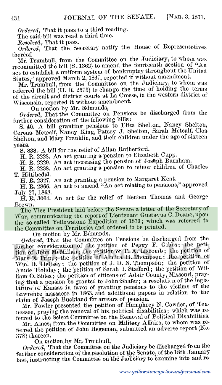 Yellowstone Congressional History - Lt Doane's 1870 Expedition Report Ordered to be Printed