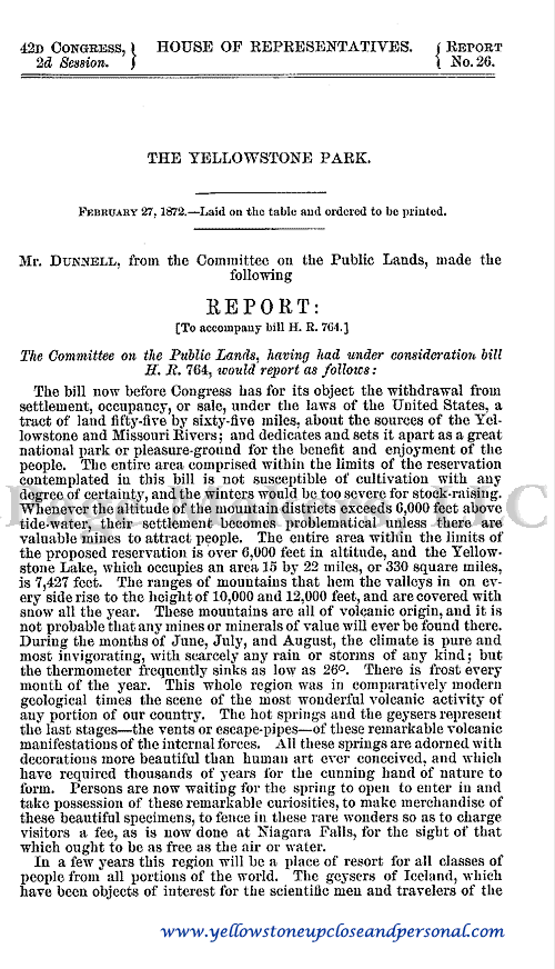 Yellowstone Congressional History - Public Lands Report to Accompany Bill H. R. 764 - February 27, 1872 - Page One