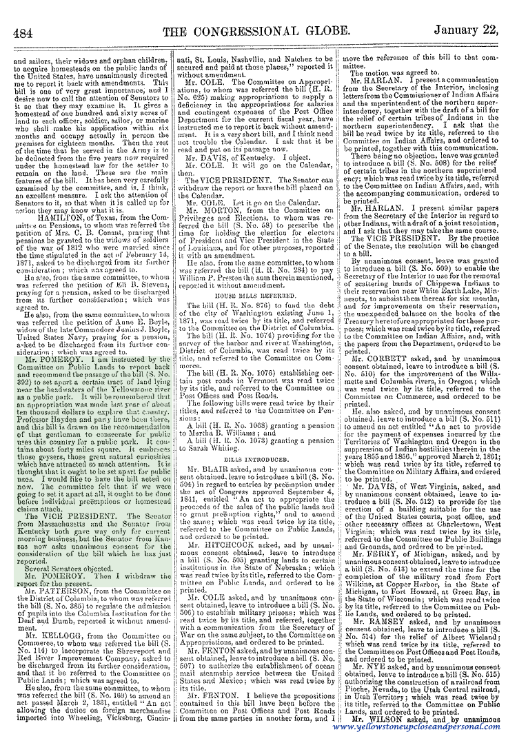 Yellowstone Congressional History - First Proposal of Senate Bill S. 392 - January 22, 1872