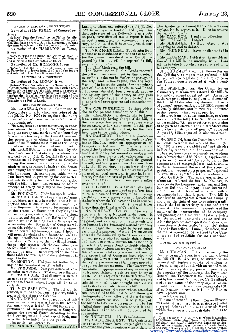 Yellowstone Congressional History - Second Proposal of Senate Bill S. 392 - January 23, 1872