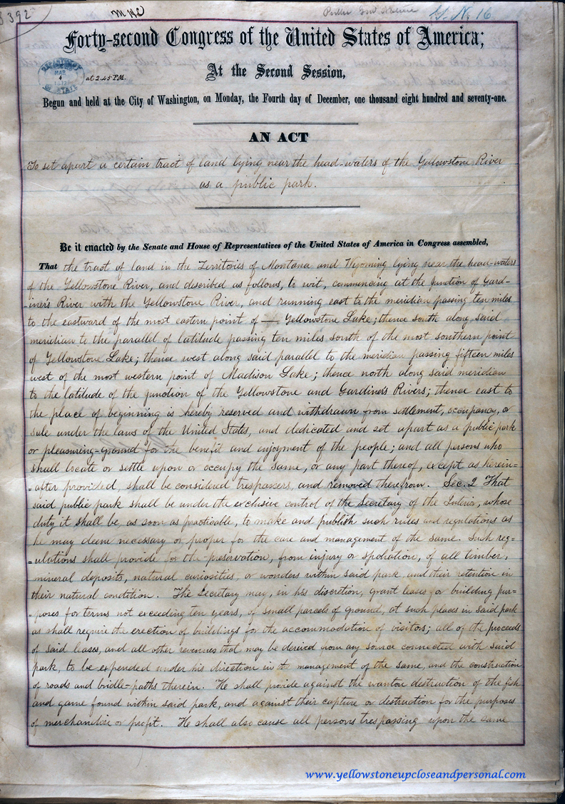 Yellowstone Congressional History - Actual Copy of Signed Senate Bill S.392 - March 01, 1872 - Page One