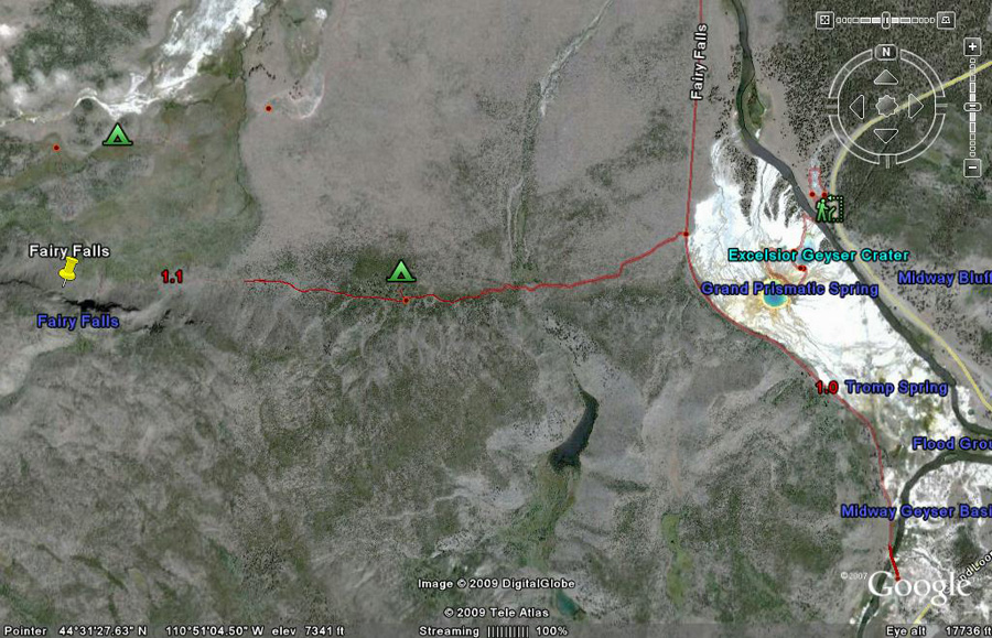 Fairy Falls Trail Map by GoogleEarth - Yellowstone National Park