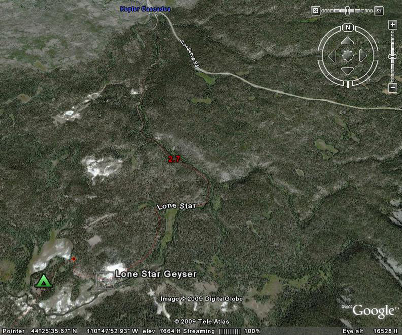 Lone Star Geyser Trail Map by GoogleEarth - Yellowstone National Park
