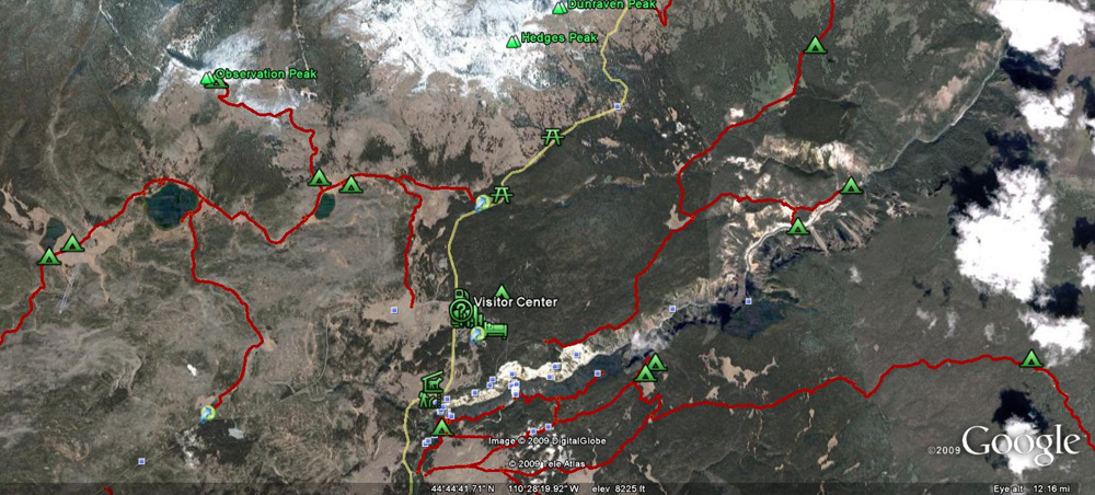 Observation Peak Hike Satellite Map by GoogleEarth - Yellowstone National Park