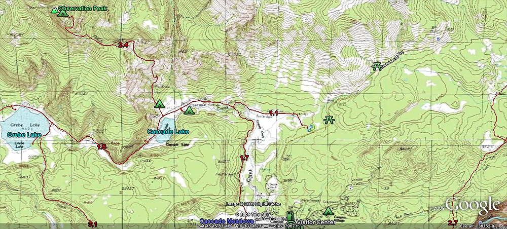 Observation Peak Topo Hike Map by GoogleEarth - Yellowstone National Park