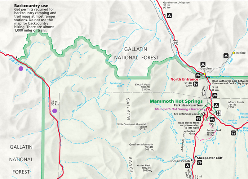 Gallatin River Map - Yellowstone National Park ~ NPS Map