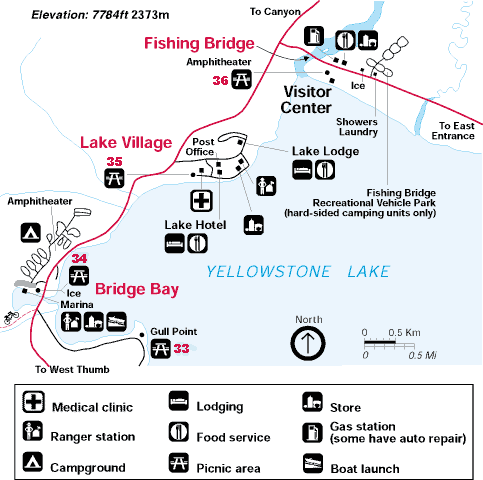 Bridge Bay, Fishing Bridge and Lake Area Map