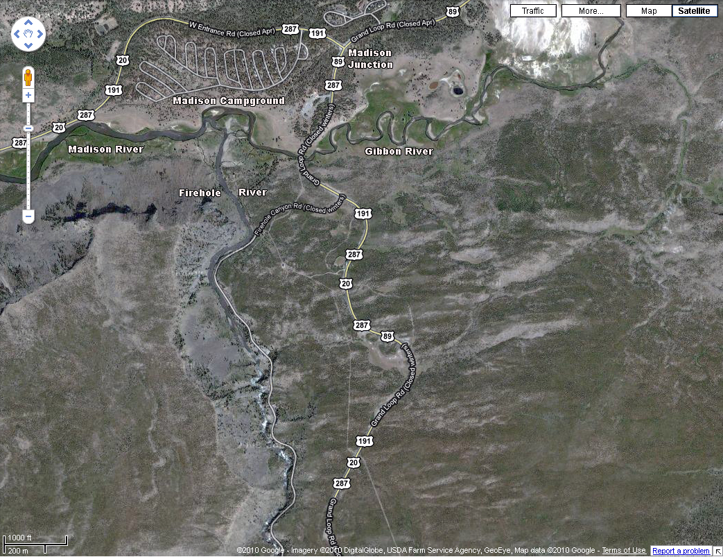 Madison and Firehole Drive Map of Yellowstone National Park - Google Earth Image