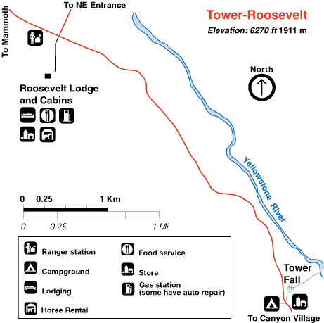 Roosevelt and Tower Area Map of Yellowstone National Park - NPS Image