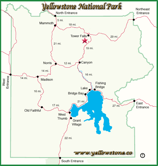 Tower Falls Location Map - Yellowstone National Park