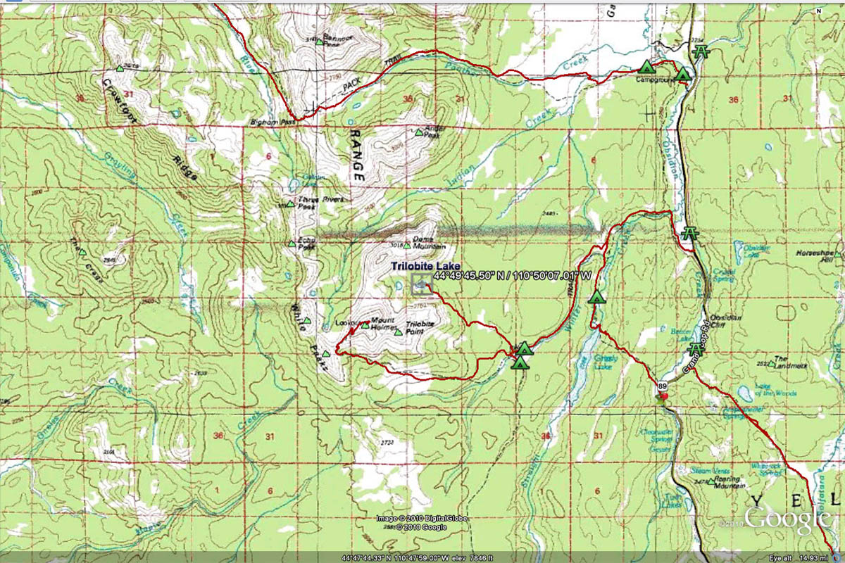 Trilobite Lake Map - Yellowstone National Park ~ From Google Maps © Copyright All Rights Reserved