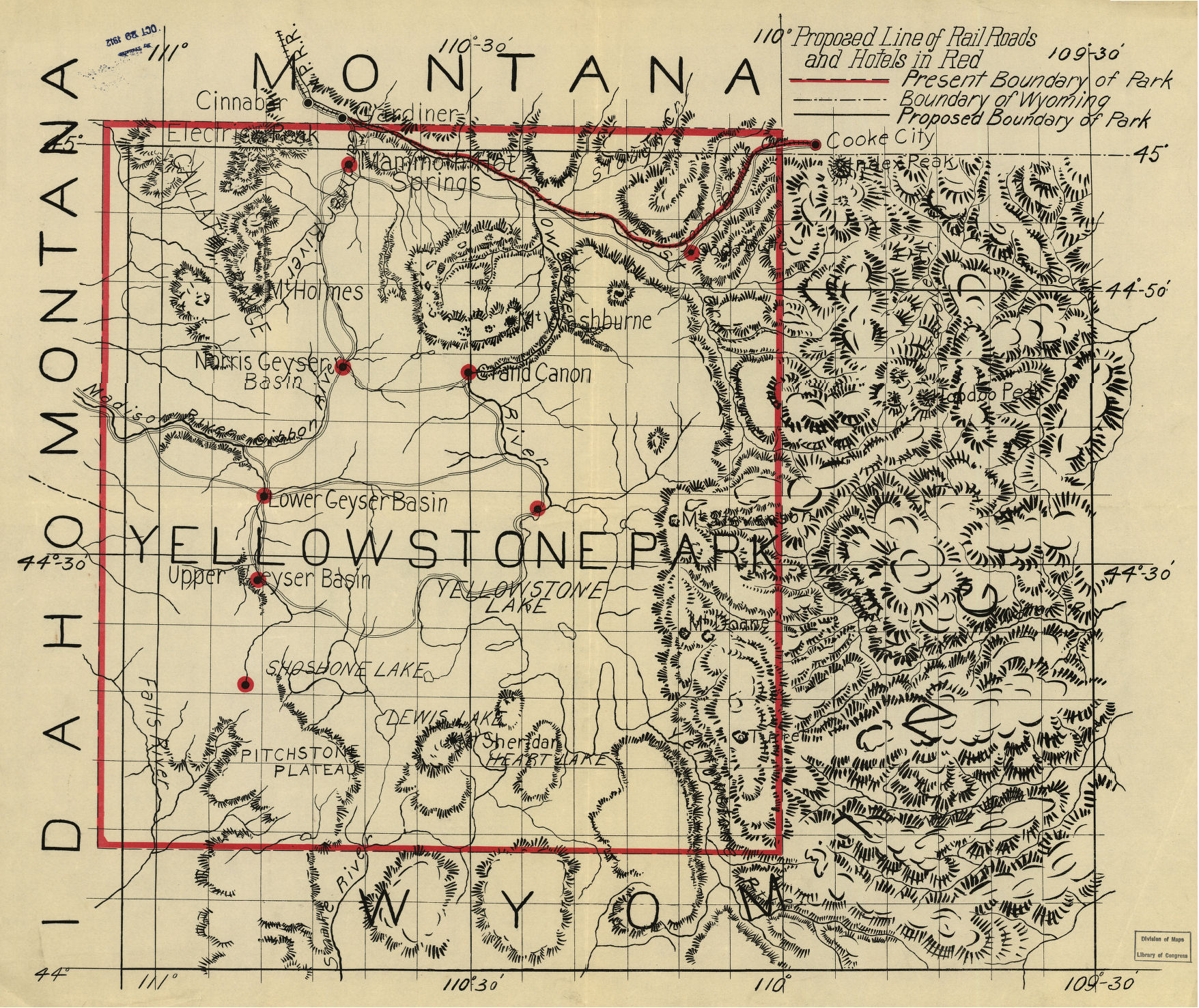 Yellowstone National Park 1912 Rail and Hotel Map from the Library of Congress Collection