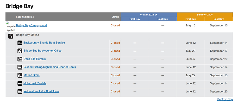 Bridge Bay 2026 Schudule NPS Image